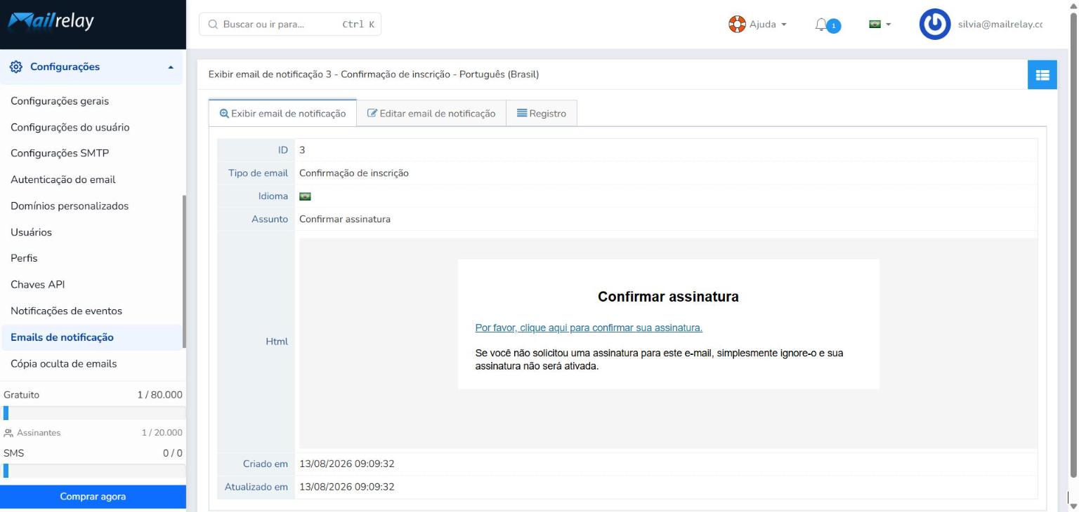 Aba Exibir email de notificação com a pré-visualização do HTML