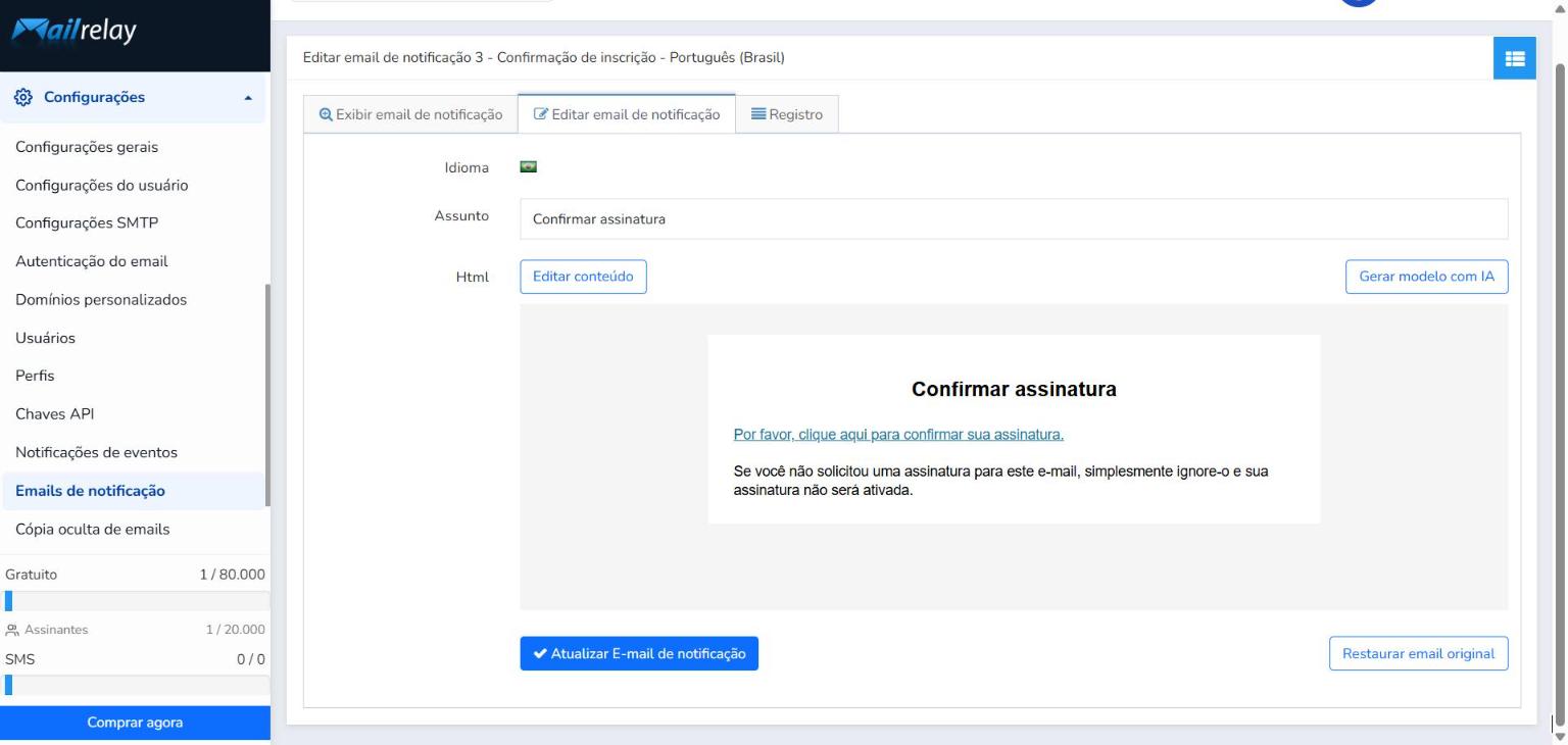 Aba Editar email de notificação