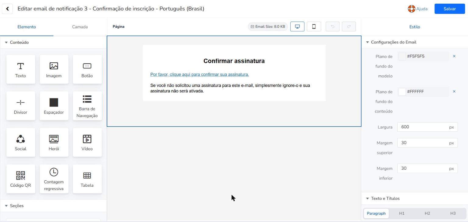 Editor de conteúdo do email de notificação