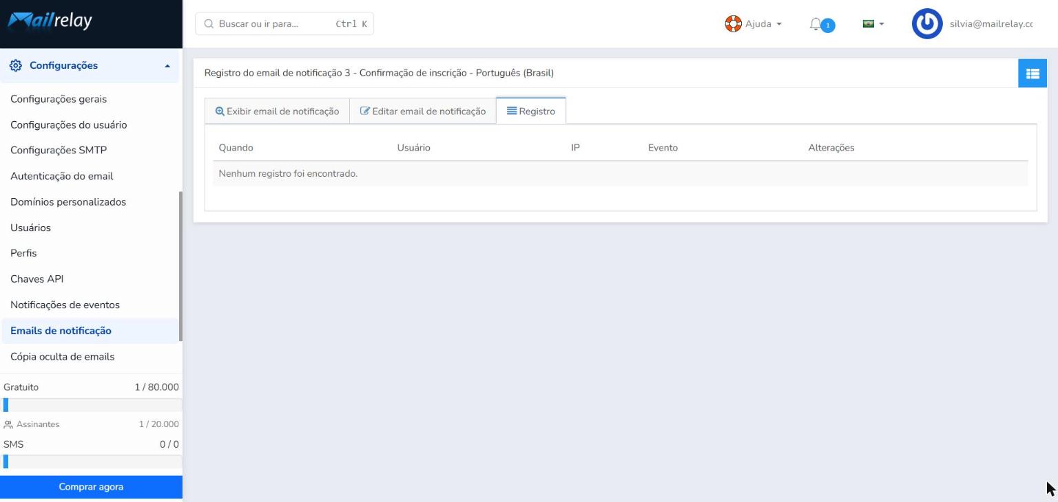 Aba Registro do email de notificação