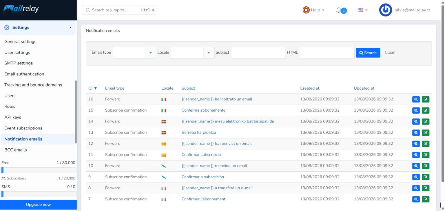 Notification emails list with the search bar and results area