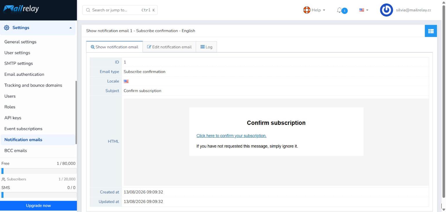 Show notification email tab with the HTML preview