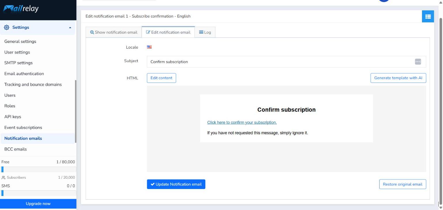 Edit notification email tab