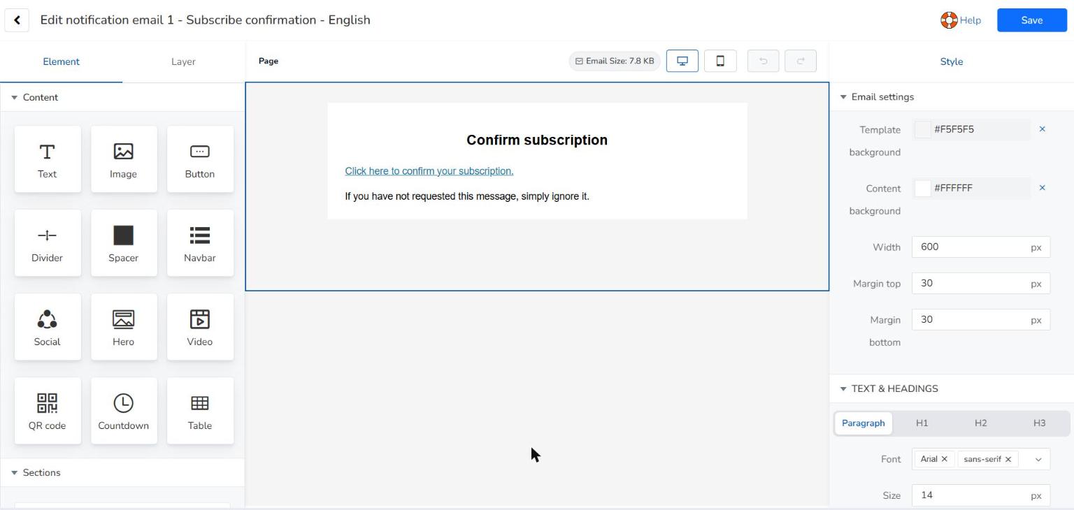 Notification email content editor