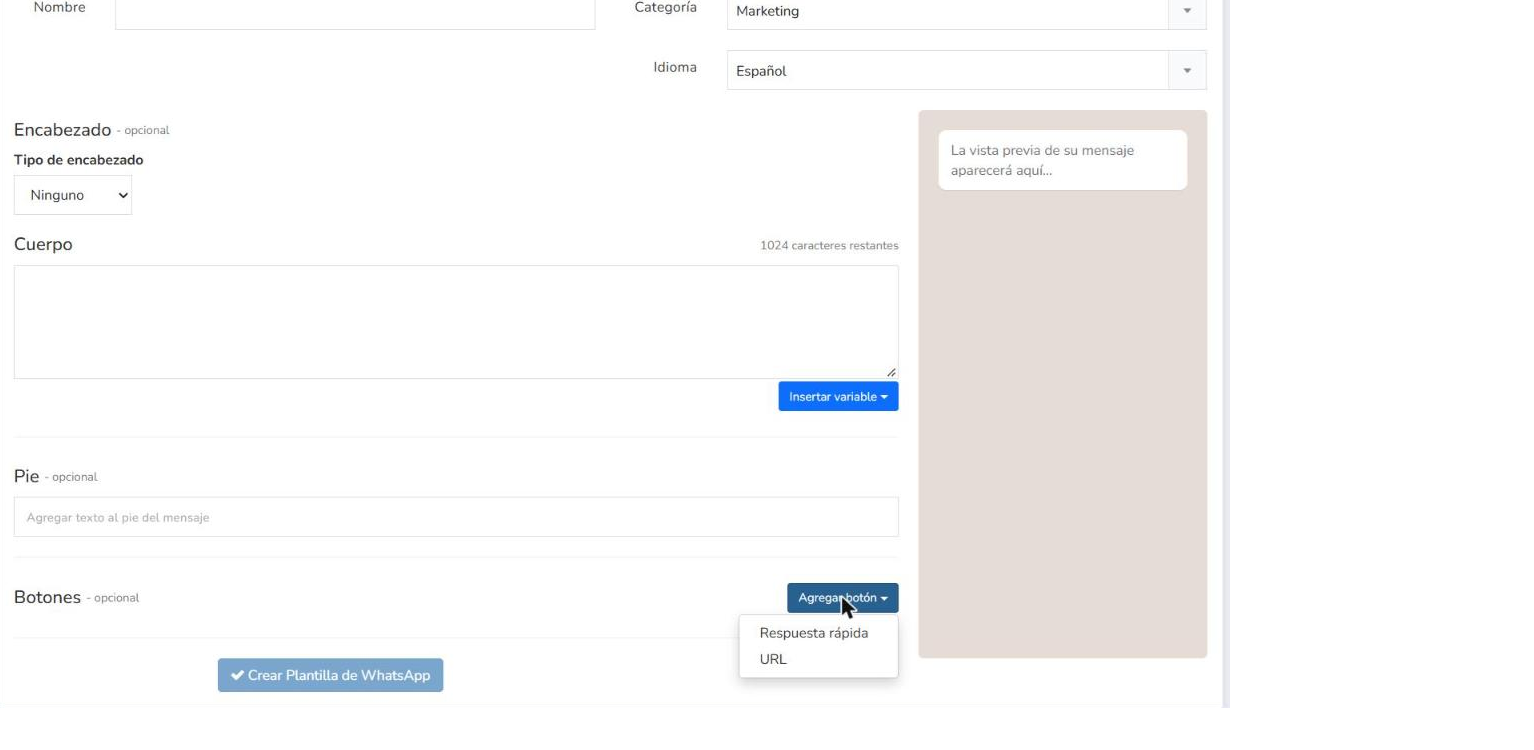 Menú desplegable de Agregar botón abierto con las opciones Respuesta rápida y URL