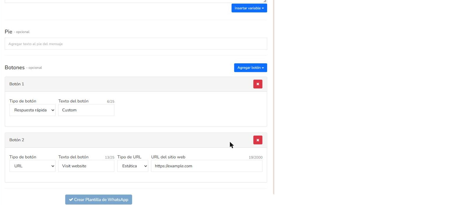 Botón 2 de tipo URL con los campos Texto del botón, Tipo de URL Estática y URL del sitio web