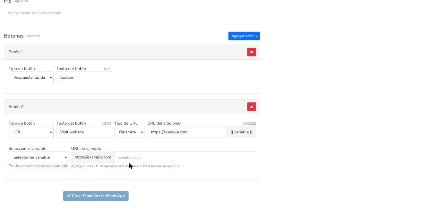 Botón 2 de tipo URL con Tipo de URL Dinámica, el selector Seleccionar variable y el campo URL de ejemplo