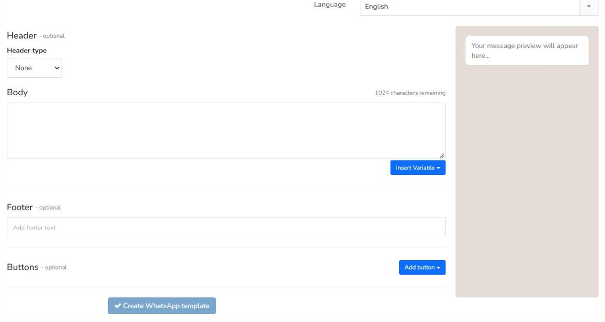 Buttons section of the new WhatsApp template form, below the Footer, with the Add button button on the right