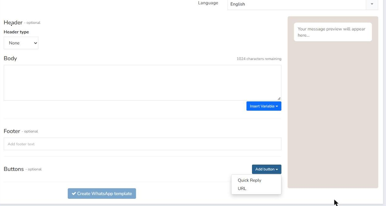 Add button dropdown menu open with the Quick Reply and URL options