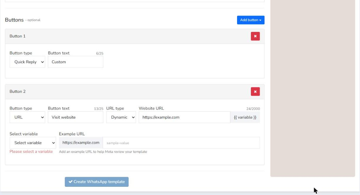 Button 2 of type URL with URL type Dynamic, the Select variable dropdown and the Example URL field