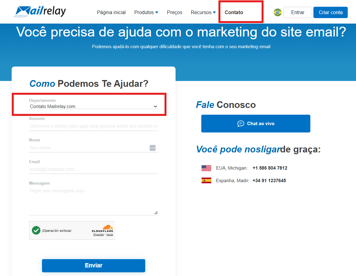 Formulário de contato da Mailrelay para recuperar o acesso após perder o dispositivo de autenticação de dois fatores (2FA)