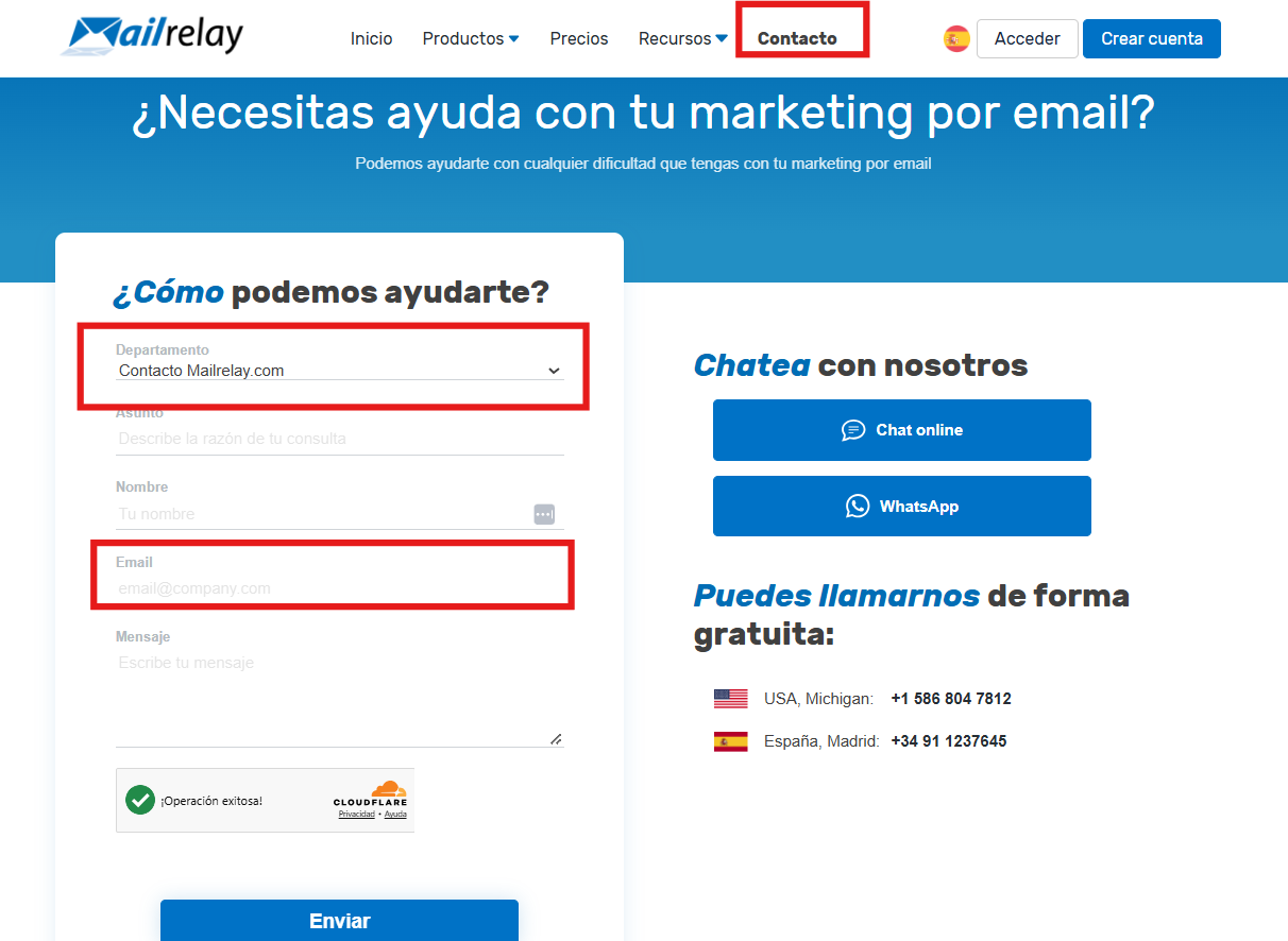 Página de contacto de Mailrelay con el formulario ¿Cómo podemos ayudarte? destacando el menú Contacto, el desplegable de departamento y el campo Email