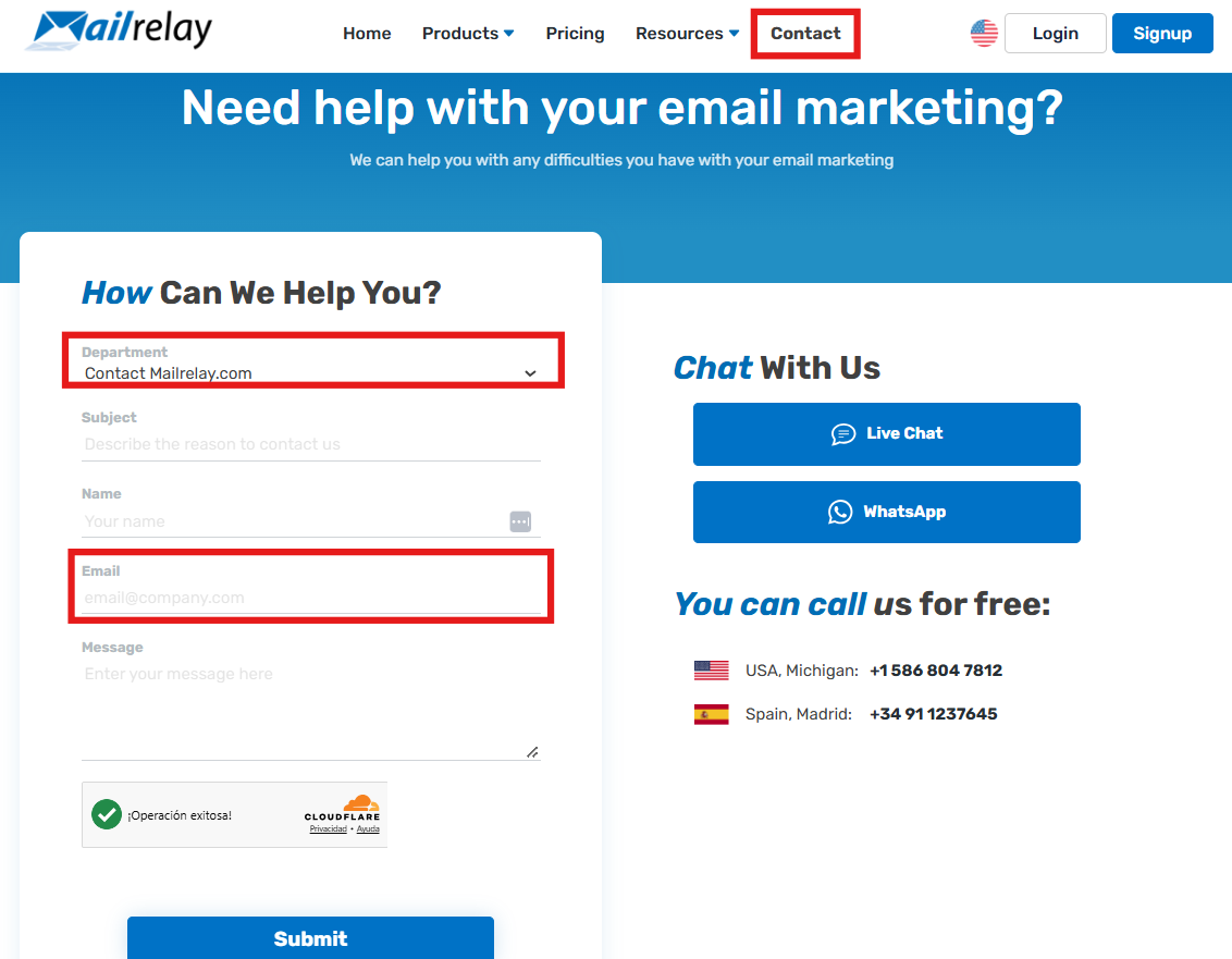 Mailrelay contact page with the How can we help you? form highlighting the Contact menu, the department drop-down and the Email field