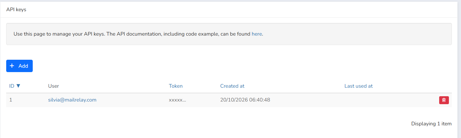 API keys section in Mailrelay with the +Add button and the list of keys