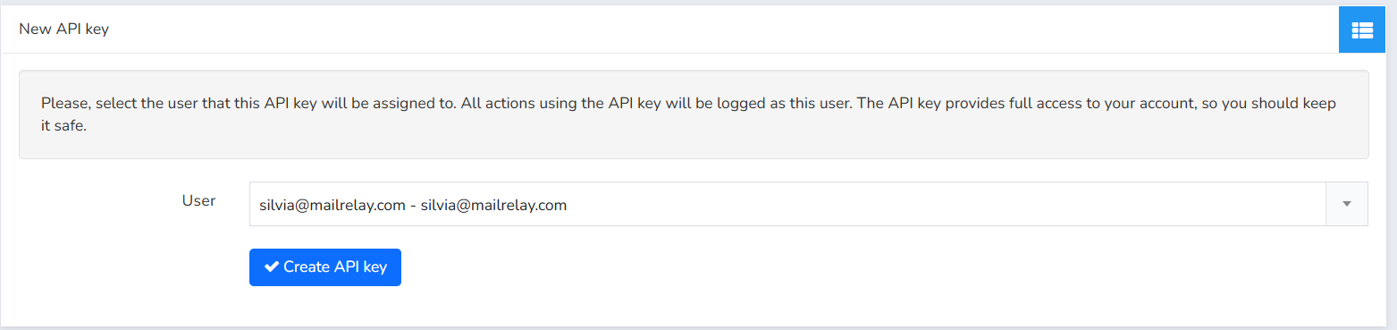 New API key window with the User drop-down and the Create API key button