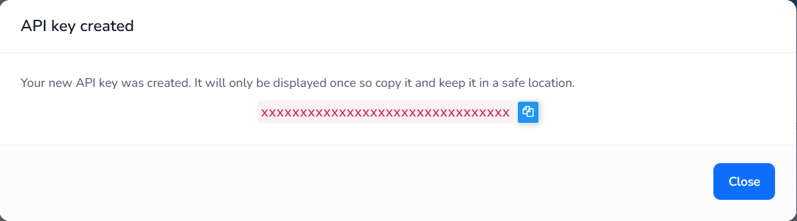 API key created window with the notice that the key will only be displayed once and the copy button