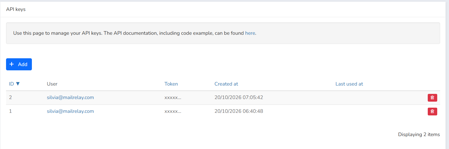 List of API keys with the user, the beginning of the key, the creation date and the delete button