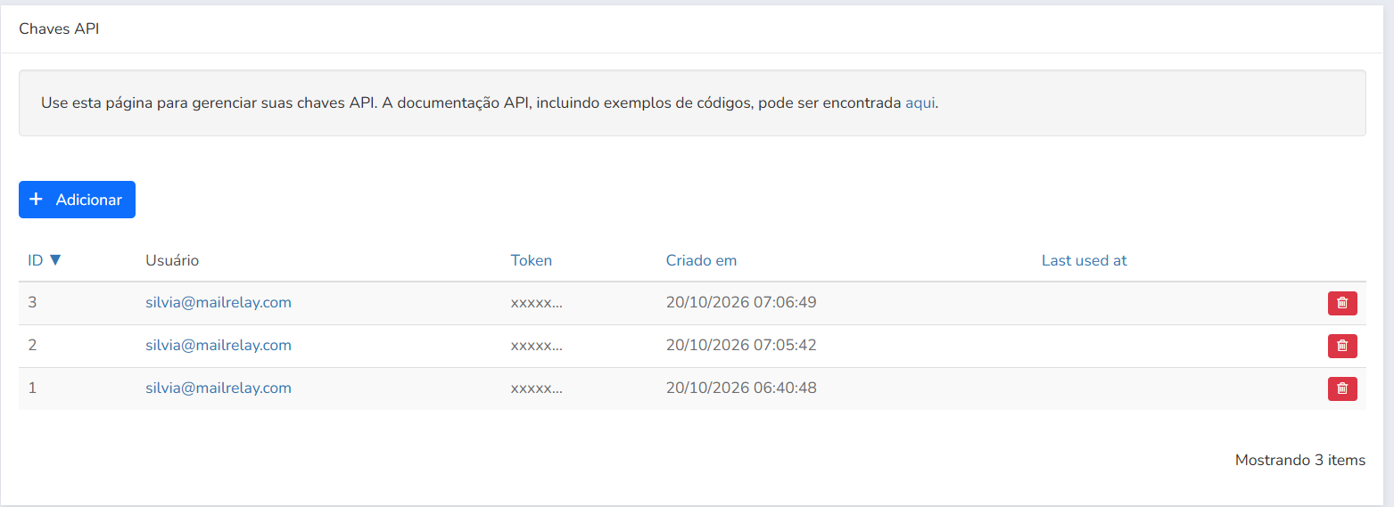 Seção Chaves API da Mailrelay com o botão +Adicionar e a lista de chaves
