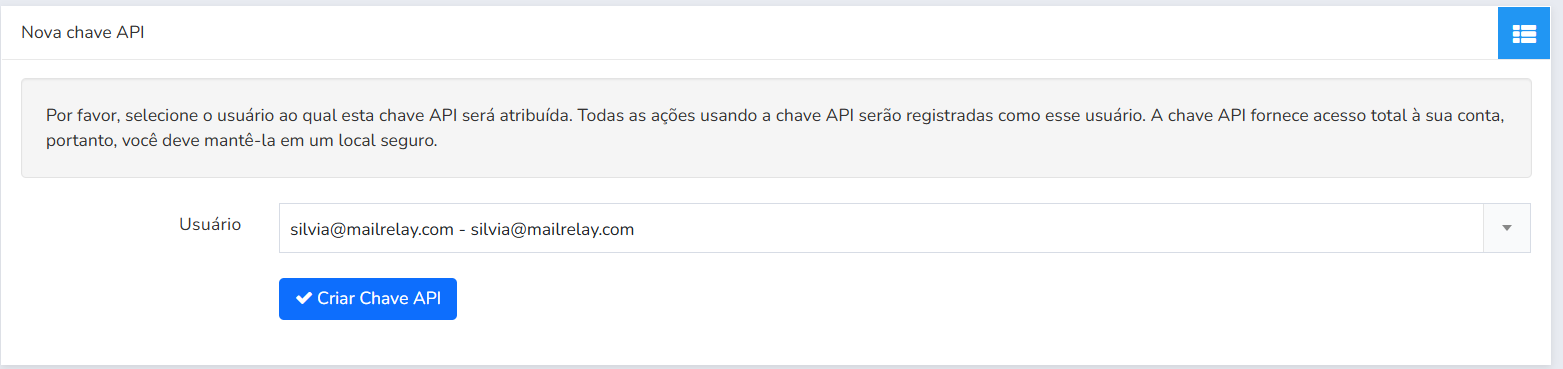Janela Nova chave API com o menu suspenso Usuário e o botão Criar Chave API