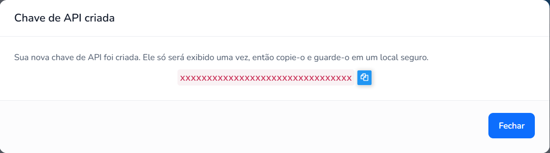 Janela Chave de API criada com o aviso de que a chave só será exibida uma vez e o botão para copiá-la