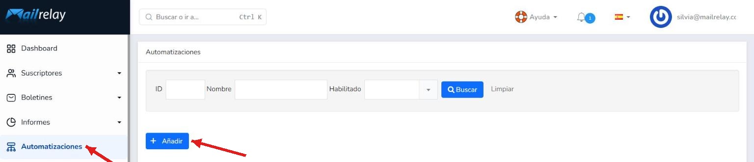 Sección de Automatizaciones de Mailrelay con el botón Añadir resaltado