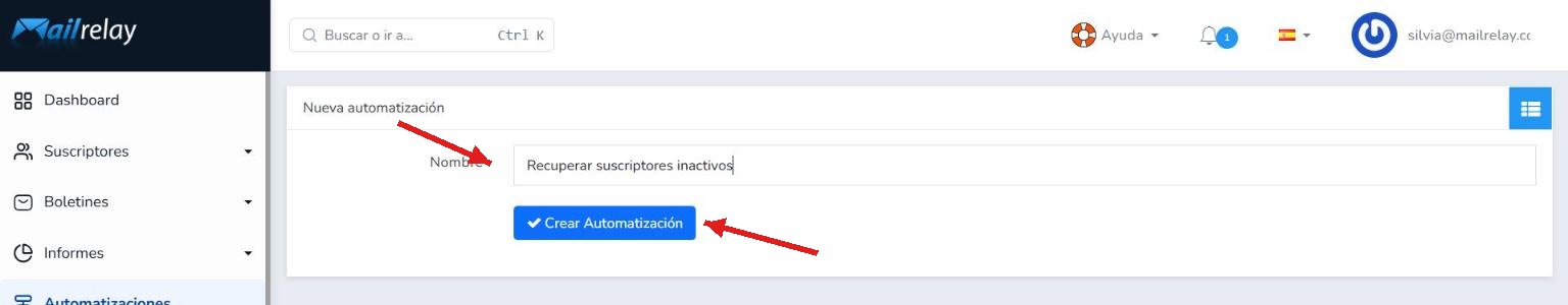 Introducción del nombre para crear una nueva automatización