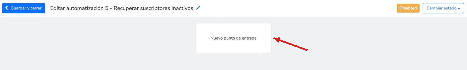 Editor visual del flujo de automatización mostrando el bloque Nuevo punto de entrada