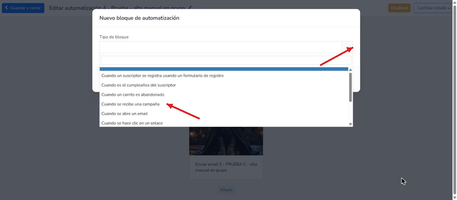 Desplegable Tipo de bloque abierto en el editor de automatizaciones de Mailrelay
