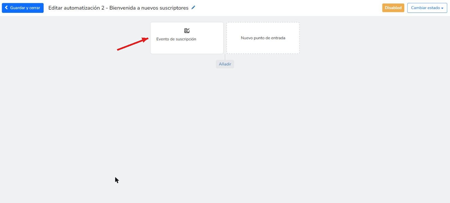 Editor de la automatización con el bloque Evento de suscripción como punto de entrada