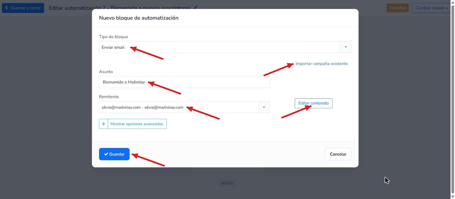 Configuración del bloque Enviar email con el asunto y los ajustes del remitente