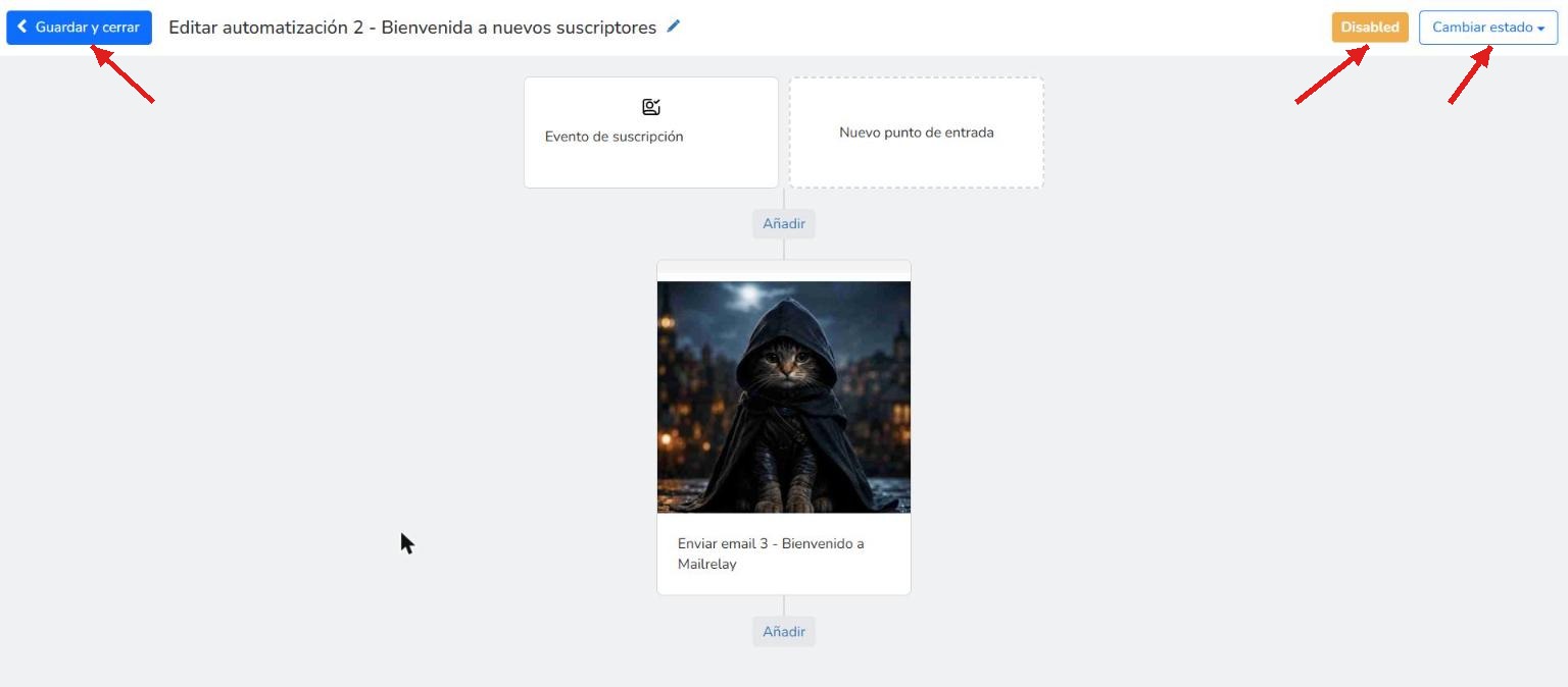 Automatización de bienvenida completada con el bloque Evento de suscripción y el bloque Enviar email