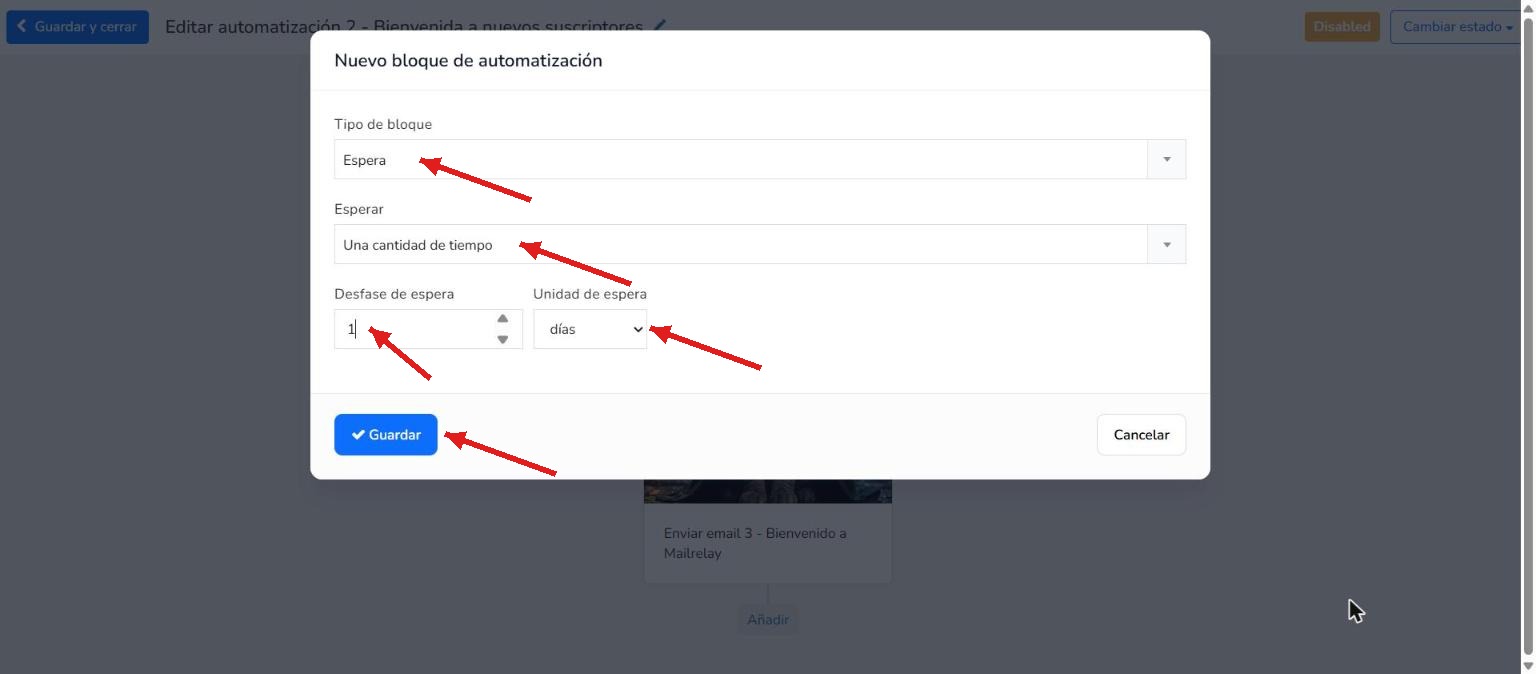 Configuración de un retraso de espera de 1 día en la automatización de campaña de goteo