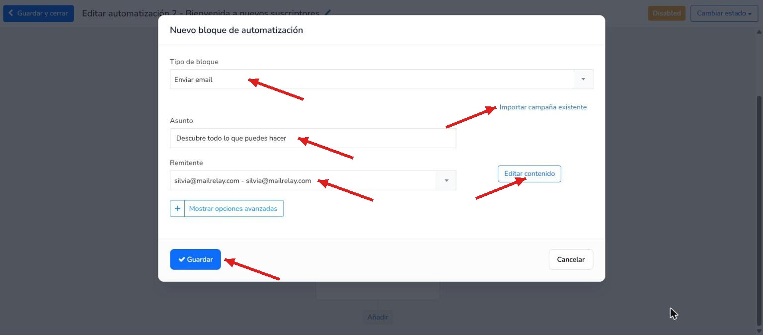 Configuración del segundo paso de email tras el retraso de espera