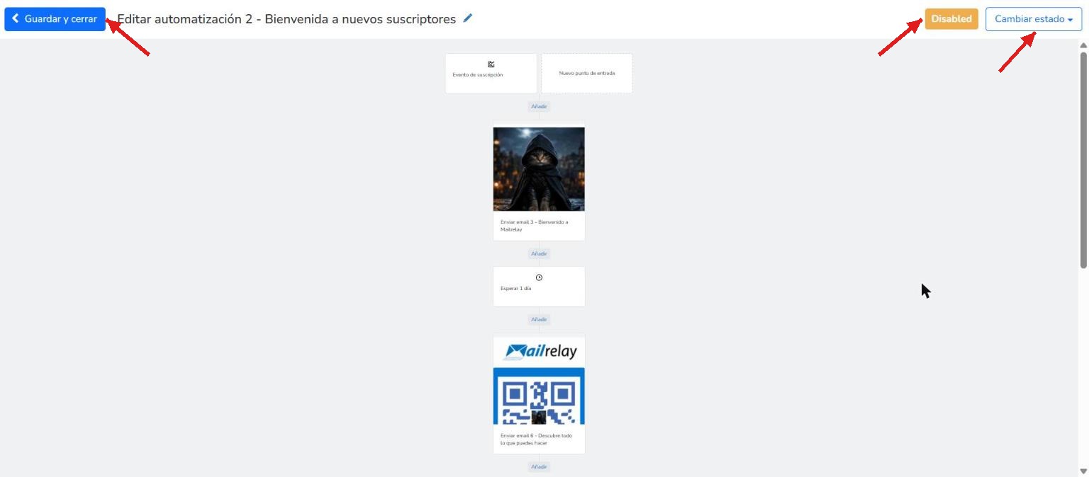 Flujo completo de una campaña de goteo en Mailrelay con Evento de suscripción, Enviar email, Esperar 1 día y un segundo Enviar email