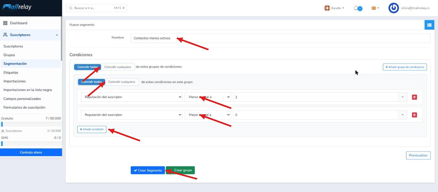Creación del segmento con las condiciones de reputación del suscriptor