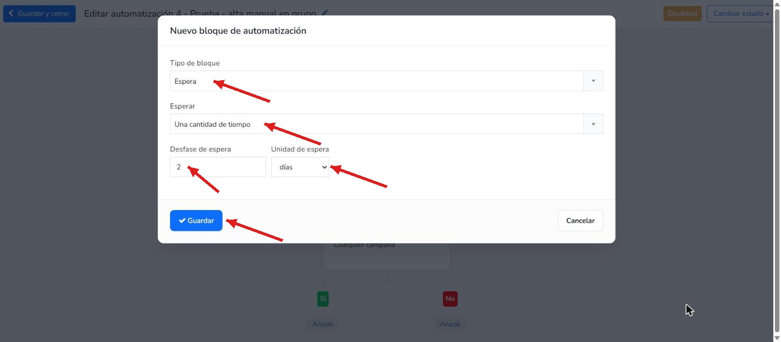 Adición de un bloque de espera de 2 días en el flujo de reactivación