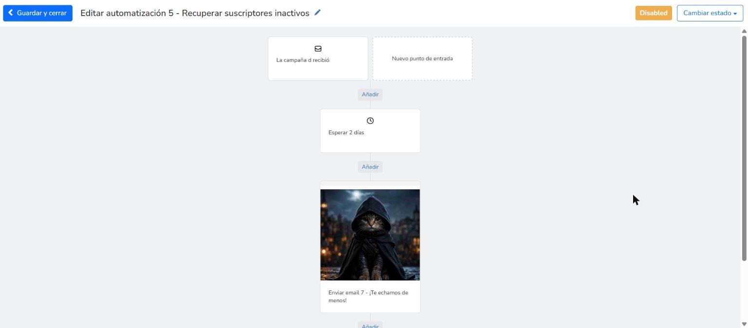 Vista final del flujo de la automatización de reactivación configurada