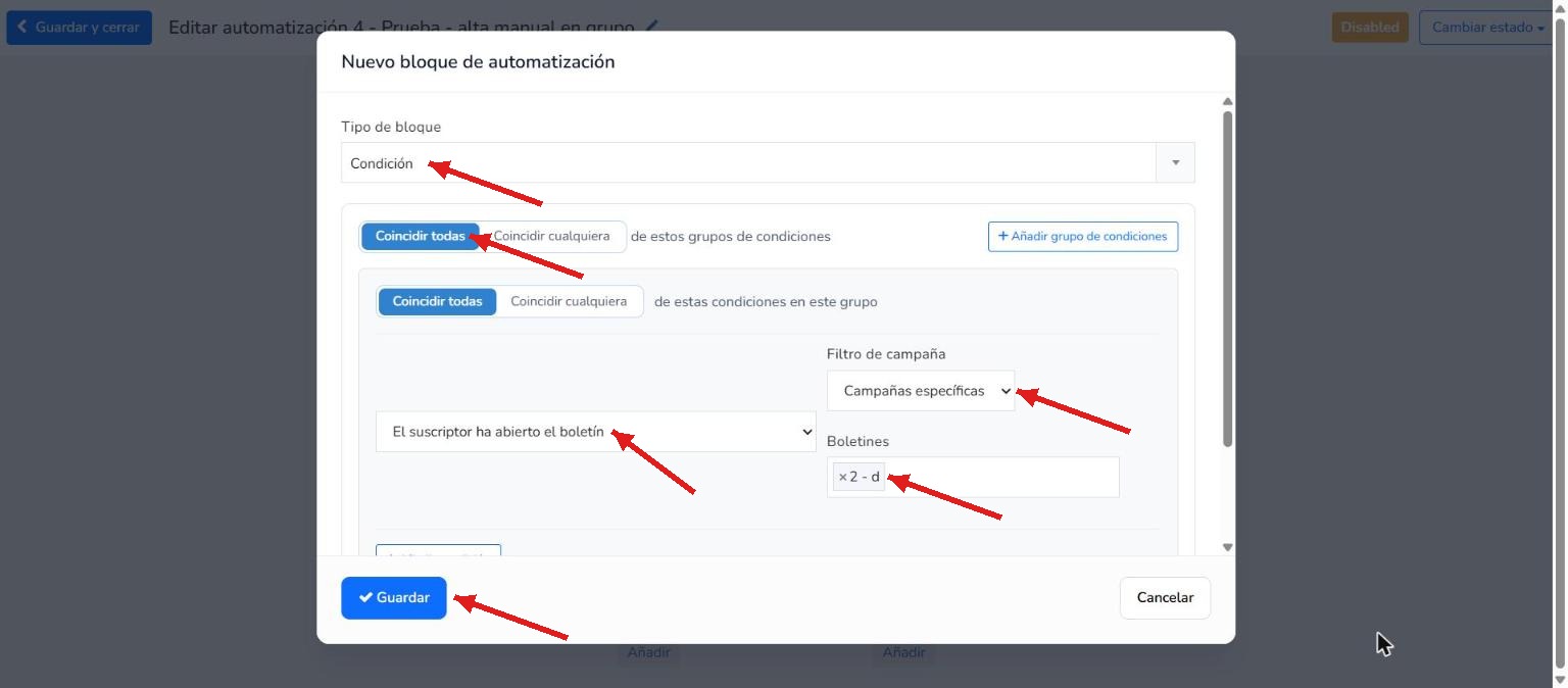 Bloque Condición de Mailrelay según si el suscriptor ha abierto el boletín