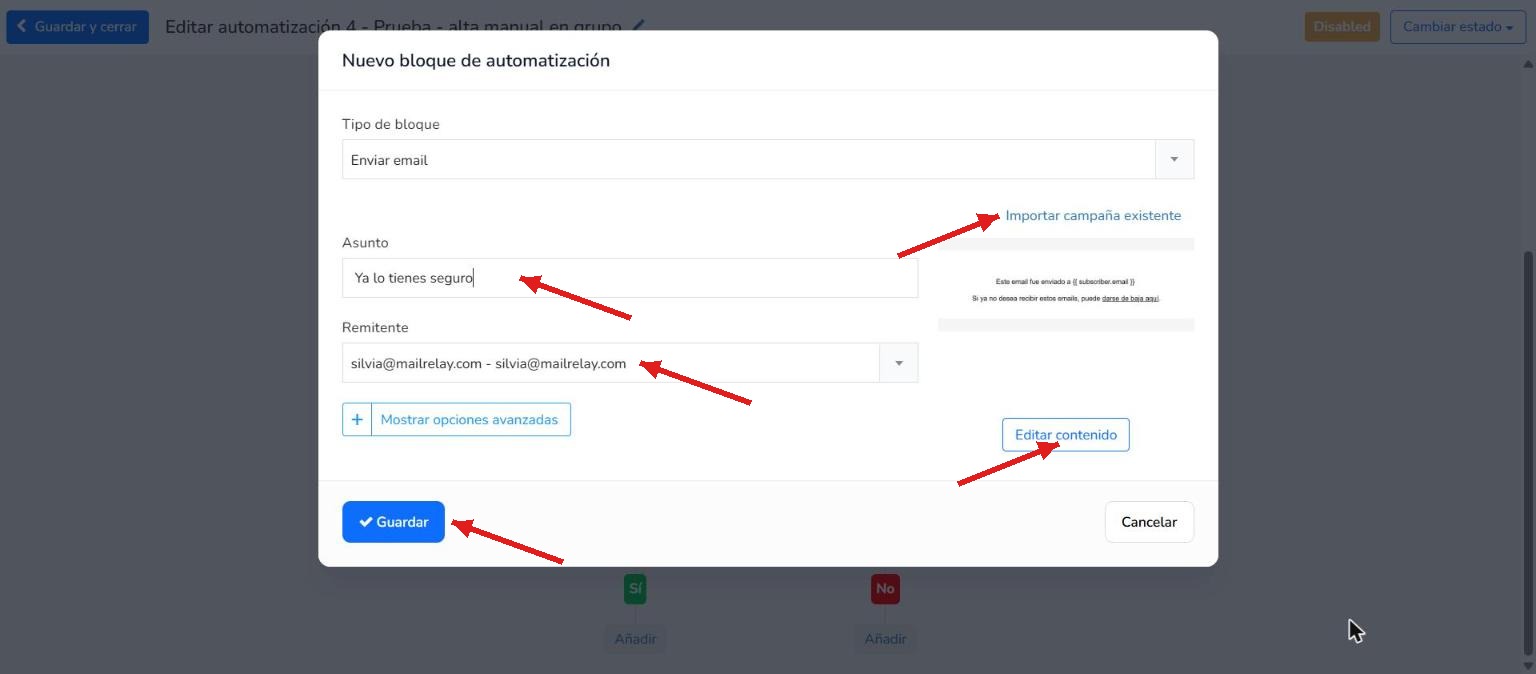 Configuración del email enviado en la rama condicional positiva (Sí)