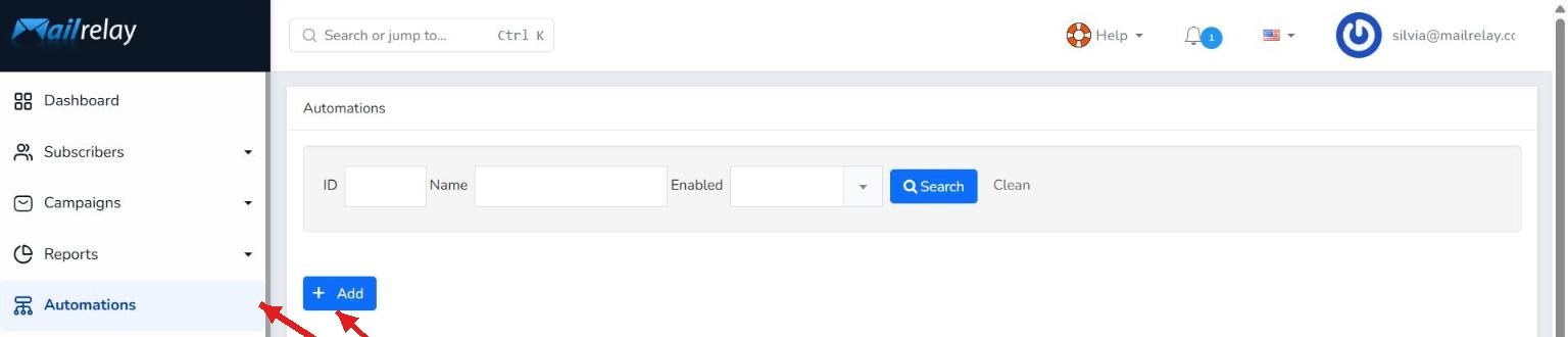 Mailrelay Automations section with the Add button highlighted