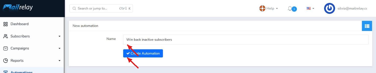 Entering the name to create a new automation