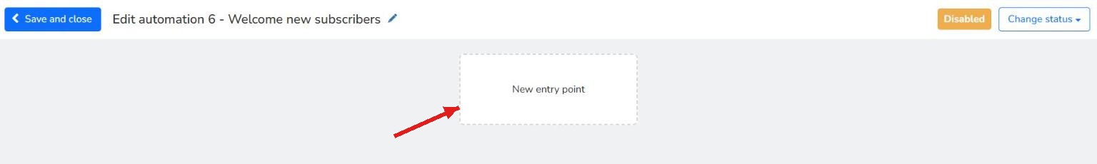 Visual automation flow editor showing the New entry point block