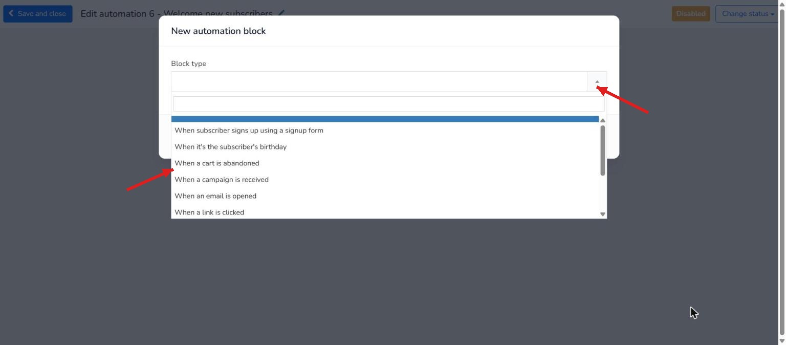 Block type dropdown open in the Mailrelay automation editor