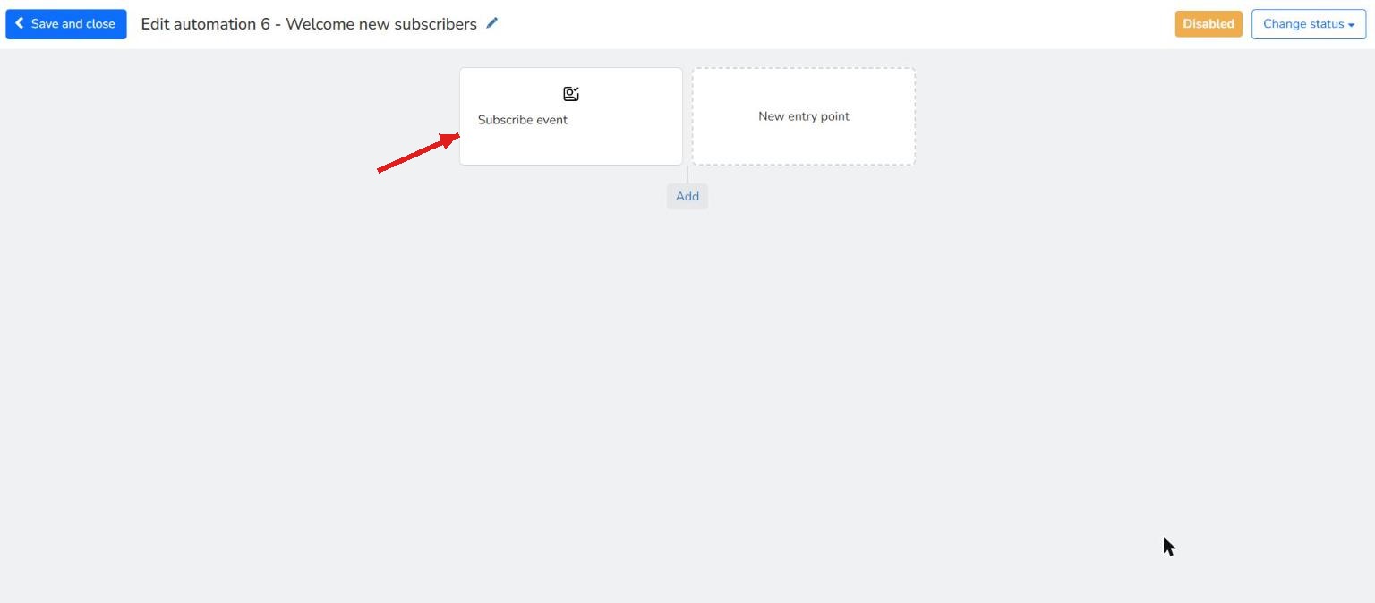Automation editor with the Subscribe event block as the entry point