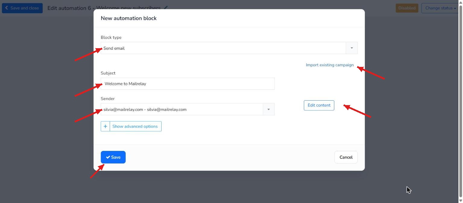 Send email block settings with the subject and sender