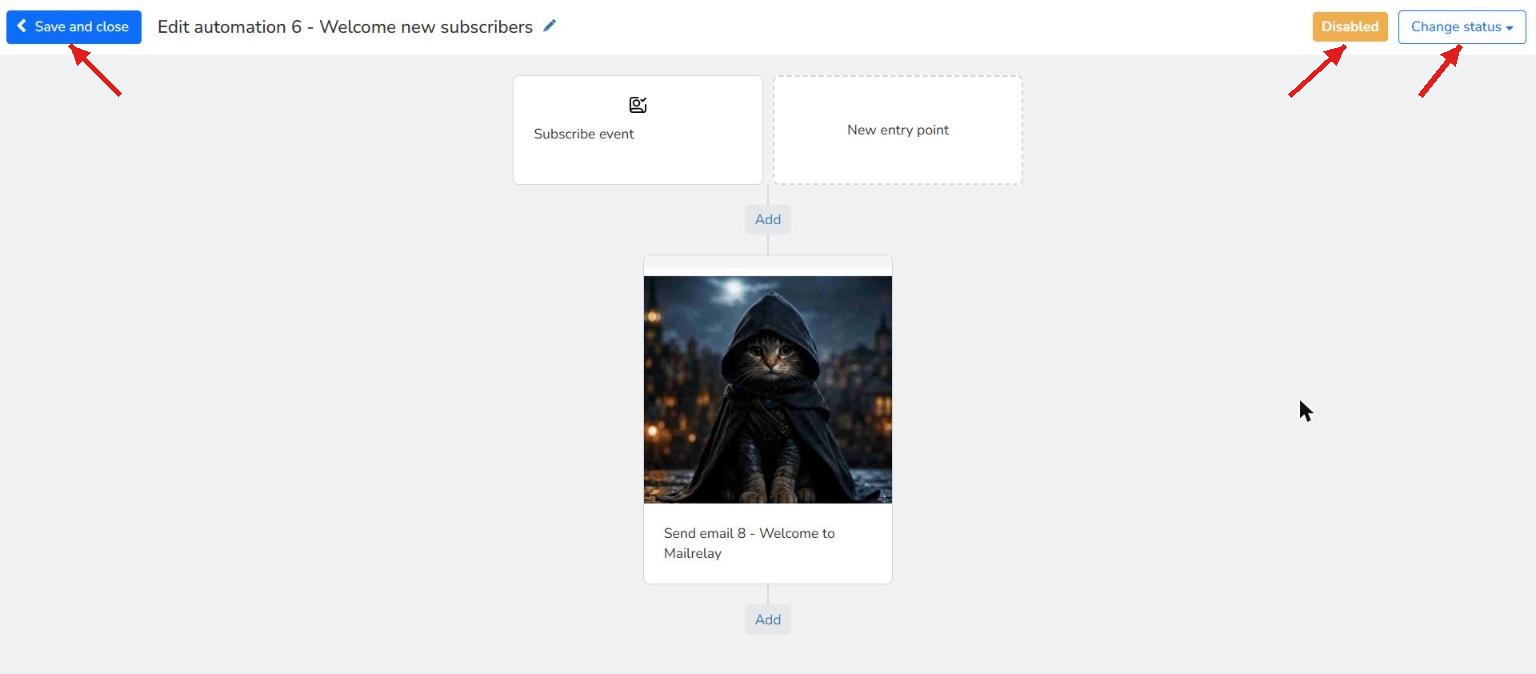 Completed welcome automation with the Subscribe event block and the Send email block