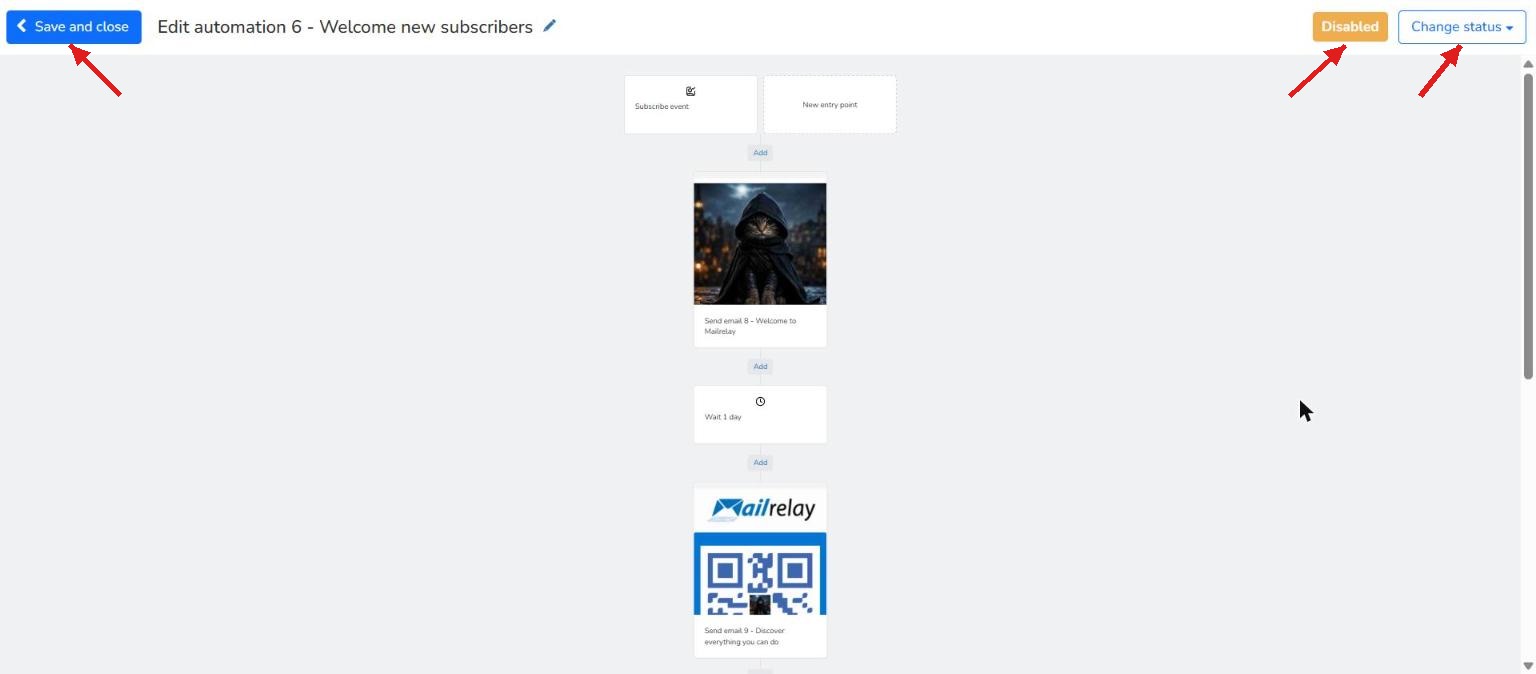 Complete Mailrelay drip campaign flow with Subscribe event, Send email, Wait 1 day and a second Send email