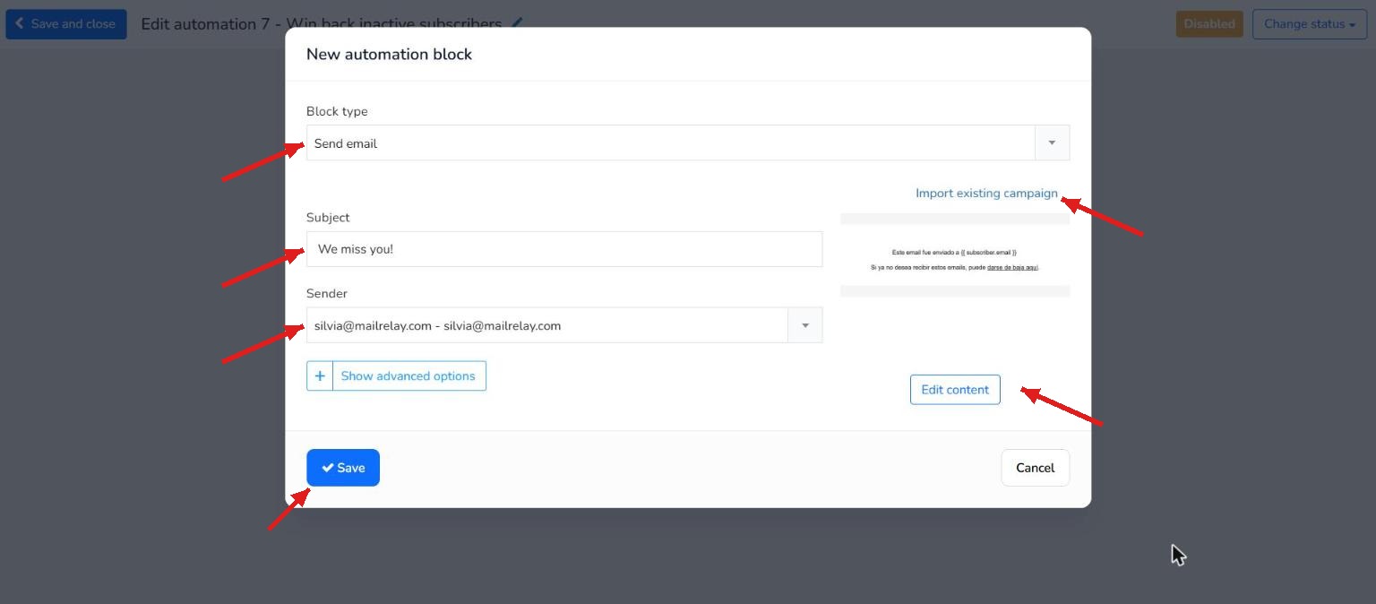 Setting up the follow-up email node in the win-back campaign