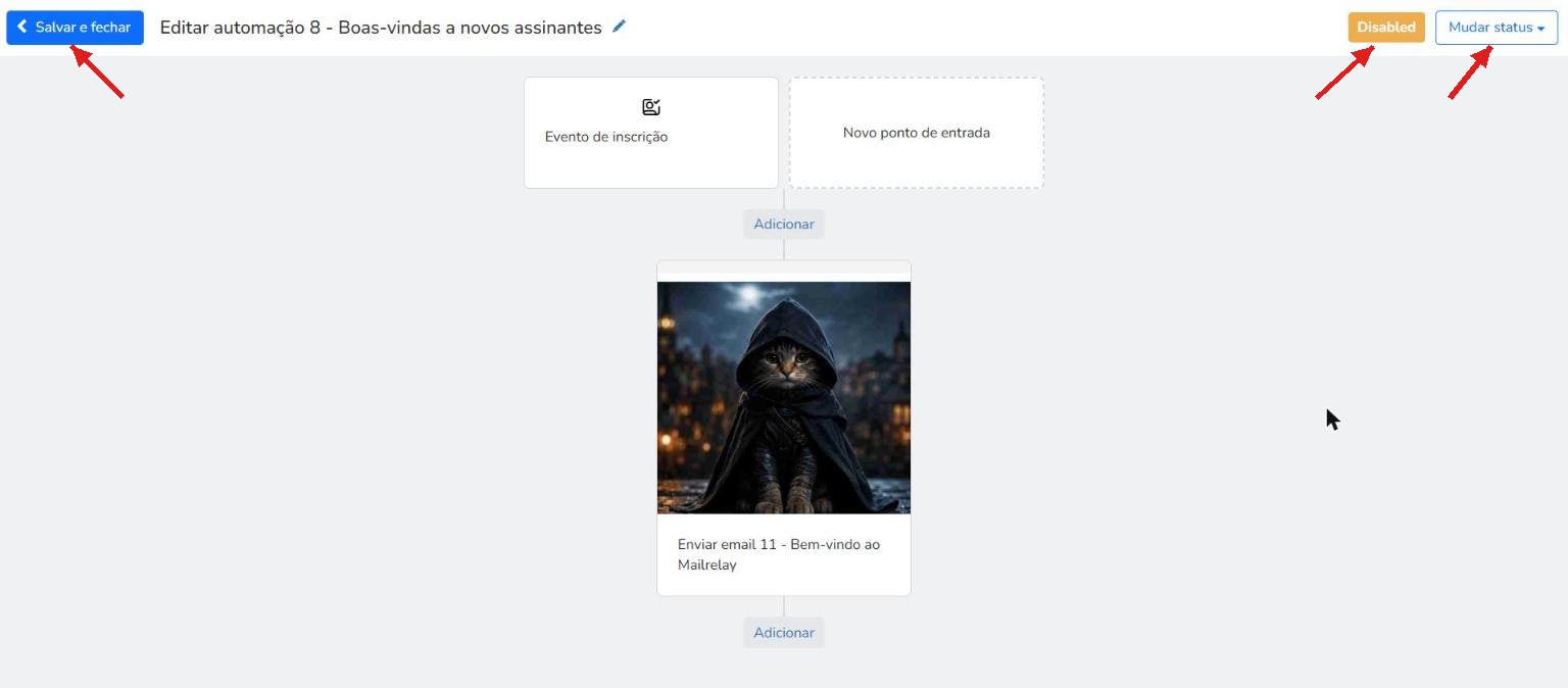 Automação de boas-vindas concluída com o bloco Evento de inscrição e o bloco Enviar email