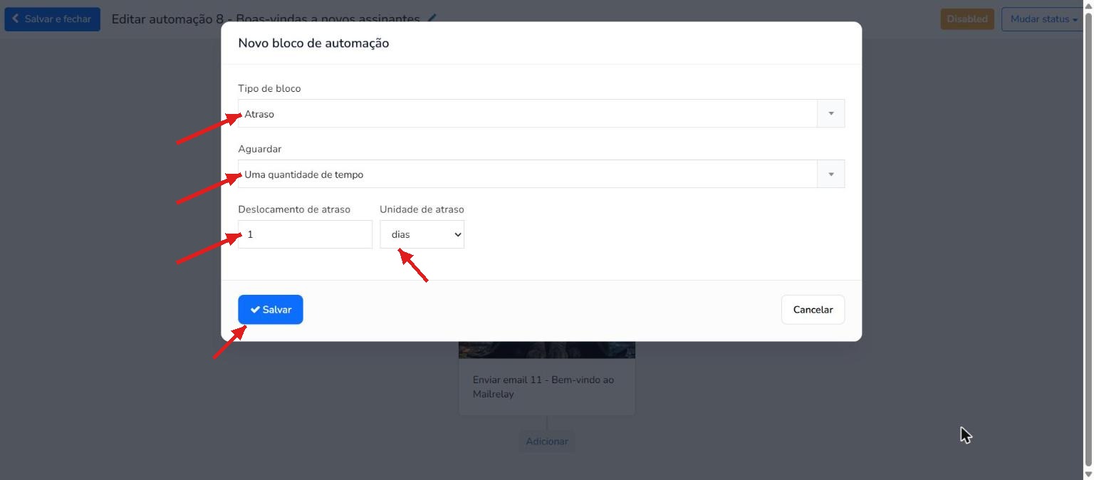 Configuração de um atraso de 1 dia na automação de campanha de gotejamento